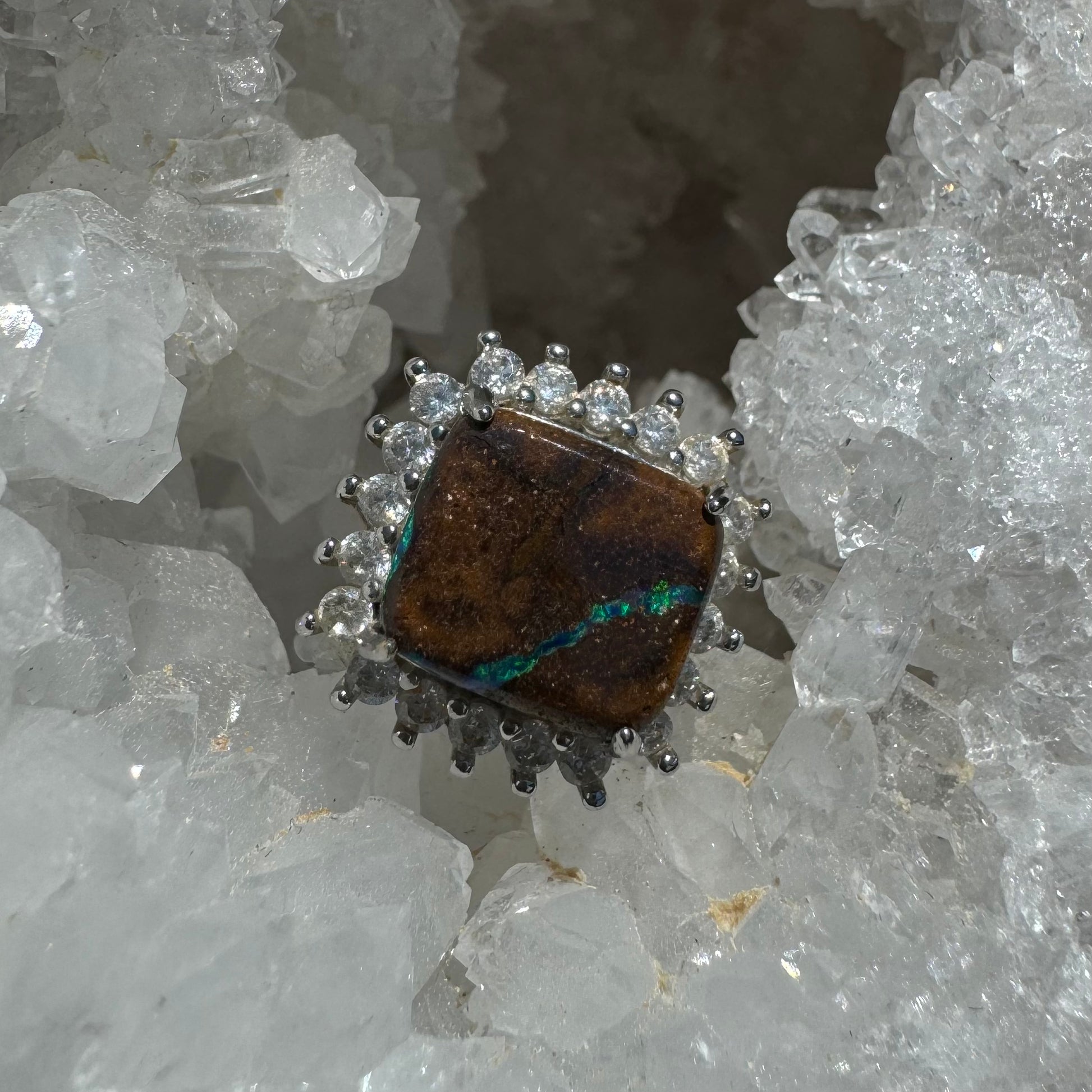 'Rain Over Uluru' ~ Handcrafted 6ct Solid Queensland Boulder Opal and Cubic Zirconia Sterling Silver Ring - Iona Opal Australia