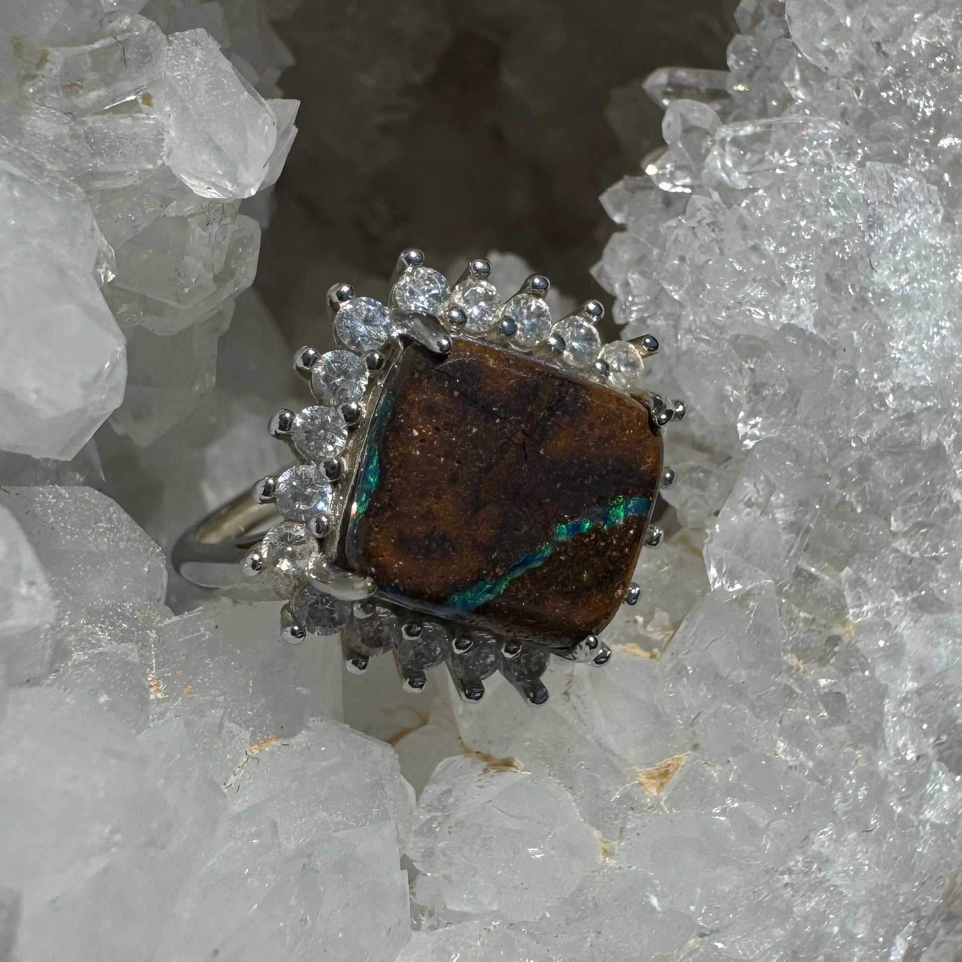 'Rain Over Uluru' ~ Handcrafted 6ct Solid Queensland Boulder Opal and Cubic Zirconia Sterling Silver Ring - Iona Opal Australia