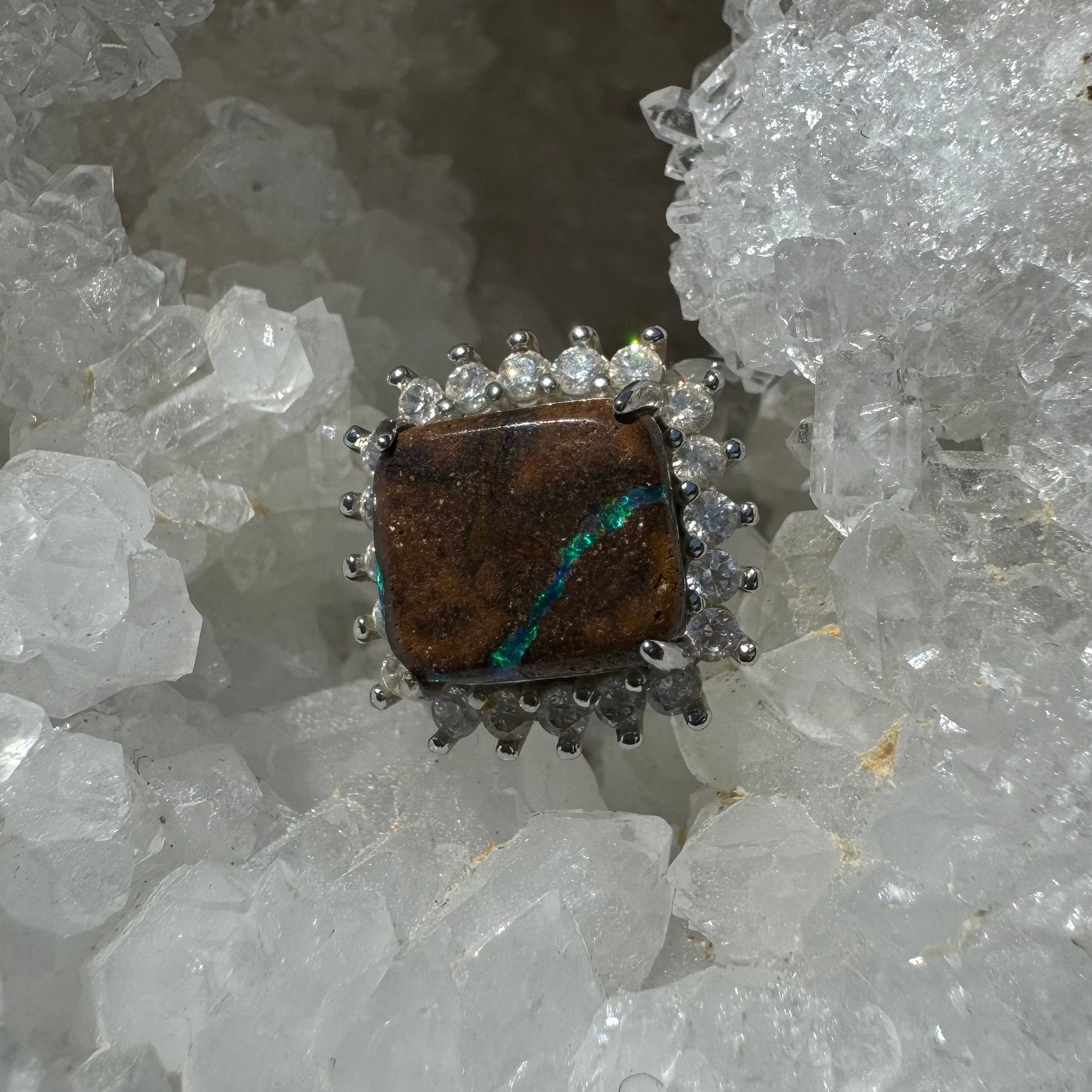 'Rain Over Uluru' ~ Handcrafted 6ct Solid Queensland Boulder Opal and Cubic Zirconia Sterling Silver Ring - Iona Opal Australia