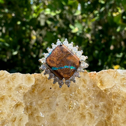 'Rain Over Uluru' ~ Handcrafted 6ct Solid Queensland Boulder Opal and Cubic Zirconia Sterling Silver Ring - Iona Opal Australia