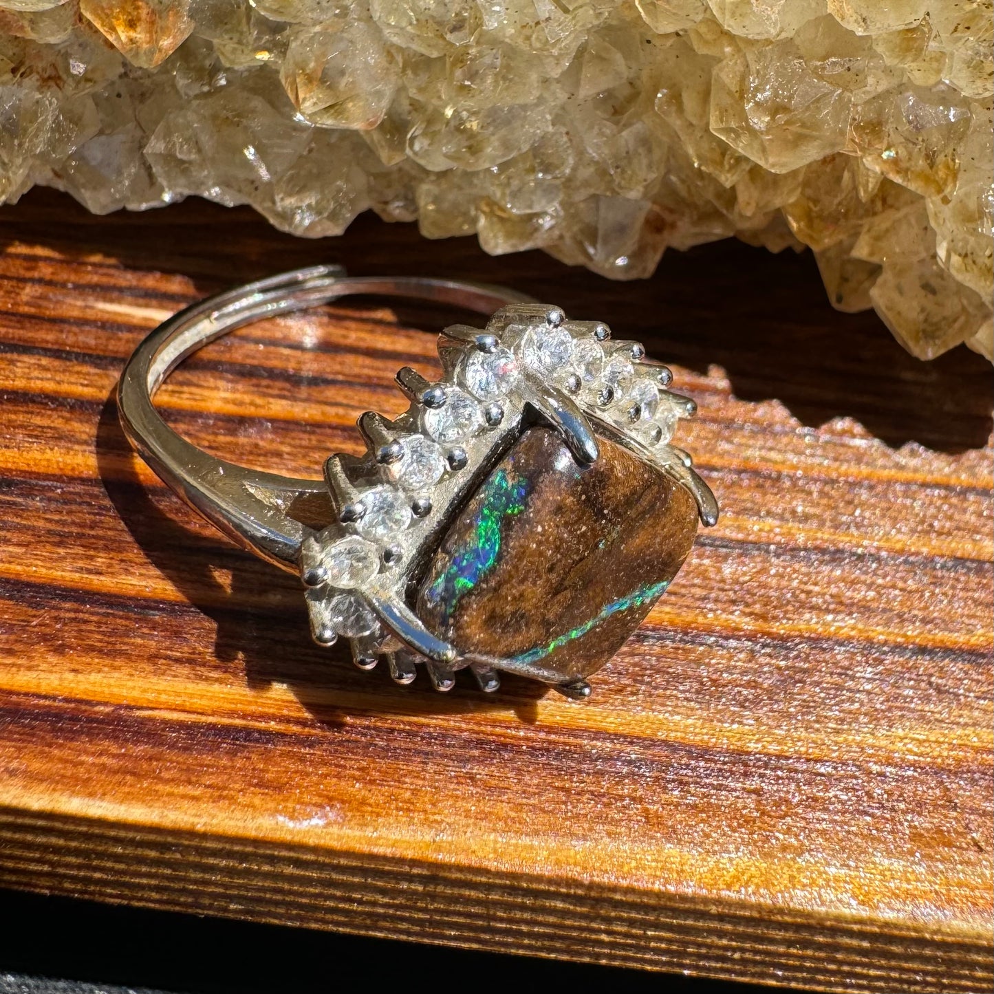 'Rain Over Uluru' ~ Handcrafted 6ct Solid Queensland Boulder Opal and Cubic Zirconia Sterling Silver Ring - Iona Opal Australia