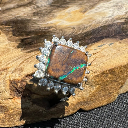 'Rain Over Uluru' ~ Handcrafted 6ct Solid Queensland Boulder Opal and Cubic Zirconia Sterling Silver Ring - Iona Opal Australia