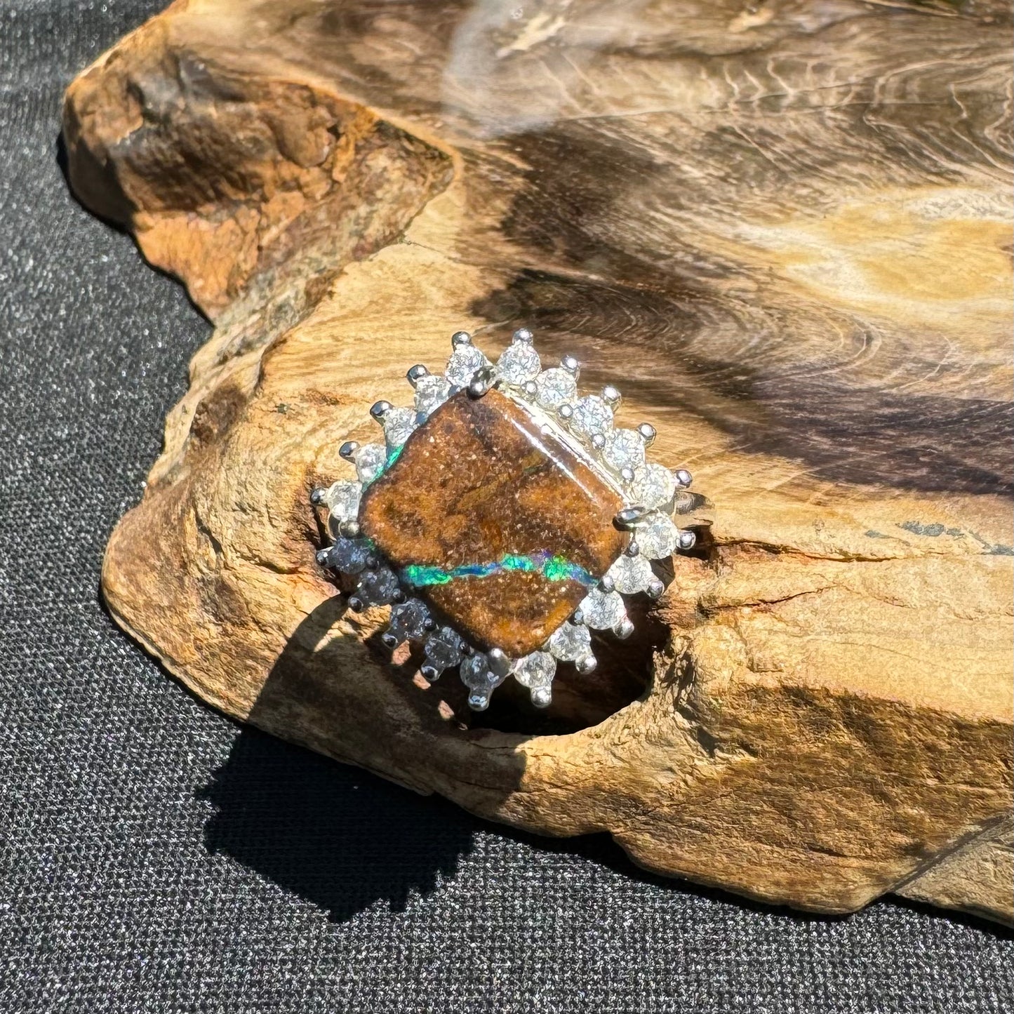 'Rain Over Uluru' ~ Handcrafted 6ct Solid Queensland Boulder Opal and Cubic Zirconia Sterling Silver Ring - Iona Opal Australia