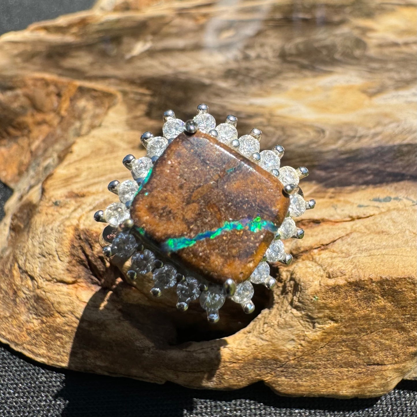 'Rain Over Uluru' ~ Handcrafted 6ct Solid Queensland Boulder Opal and Cubic Zirconia Sterling Silver Ring - Iona Opal Australia