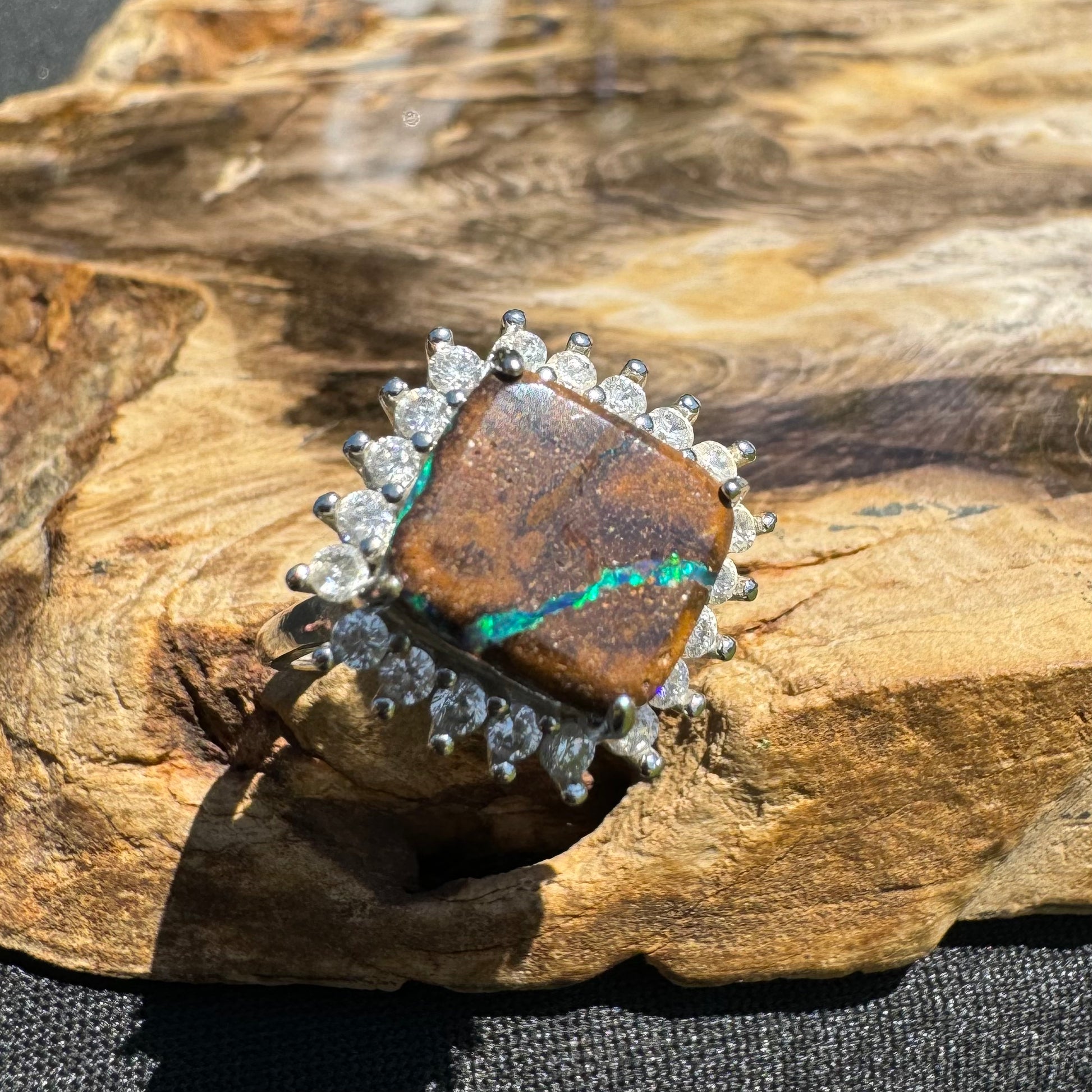 'Rain Over Uluru' ~ Handcrafted 6ct Solid Queensland Boulder Opal and Cubic Zirconia Sterling Silver Ring - Iona Opal Australia