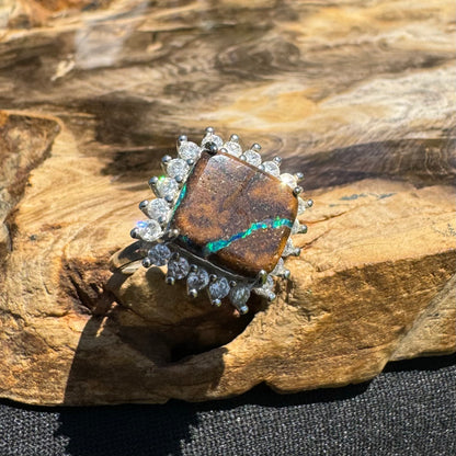 'Rain Over Uluru' ~ Handcrafted 6ct Solid Queensland Boulder Opal and Cubic Zirconia Sterling Silver Ring - Iona Opal Australia