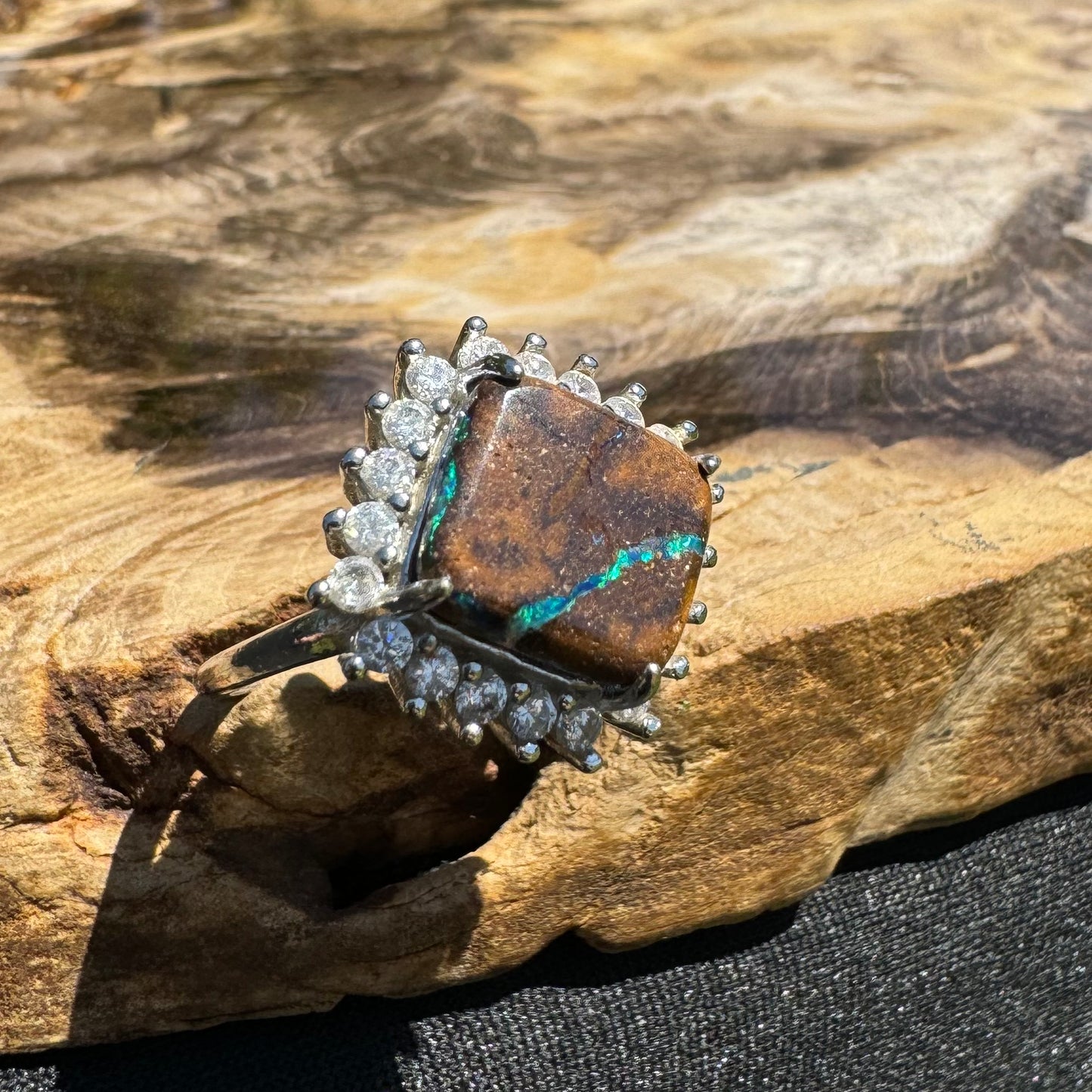 'Rain Over Uluru' ~ Handcrafted 6ct Solid Queensland Boulder Opal and Cubic Zirconia Sterling Silver Ring - Iona Opal Australia