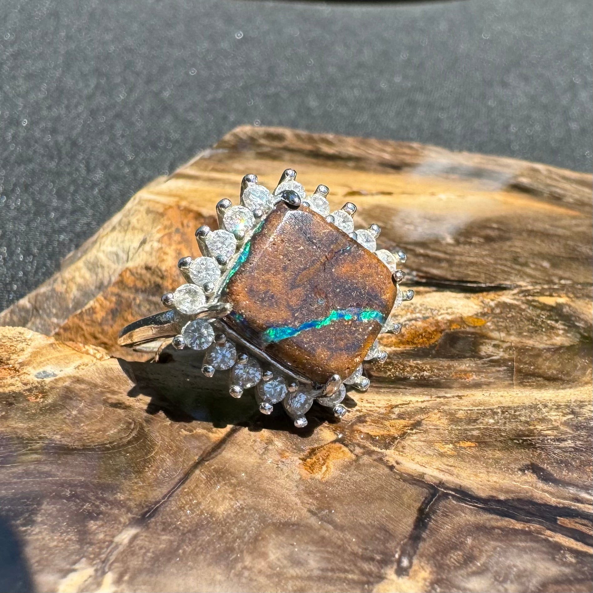 'Rain Over Uluru' ~ Handcrafted 6ct Solid Queensland Boulder Opal and Cubic Zirconia Sterling Silver Ring - Iona Opal Australia