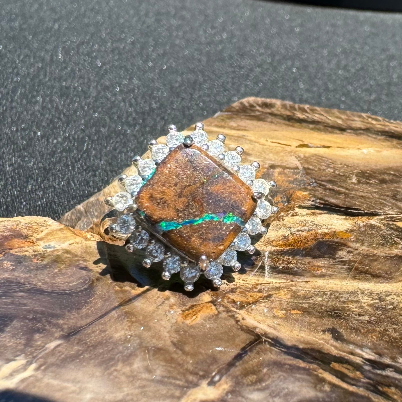 'Rain Over Uluru' ~ Handcrafted 6ct Solid Queensland Boulder Opal and Cubic Zirconia Sterling Silver Ring - Iona Opal Australia