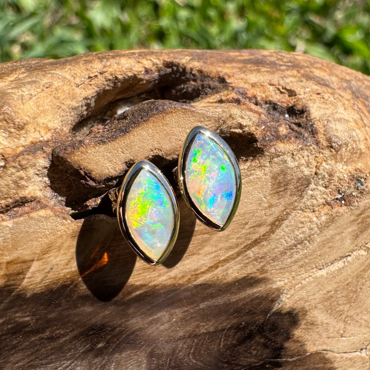 0.6ct Coober Pedy Opal Stud Earrings ~ 'Yorketown Gold' | 14ct Yellow Gold | Solid Australian Opal