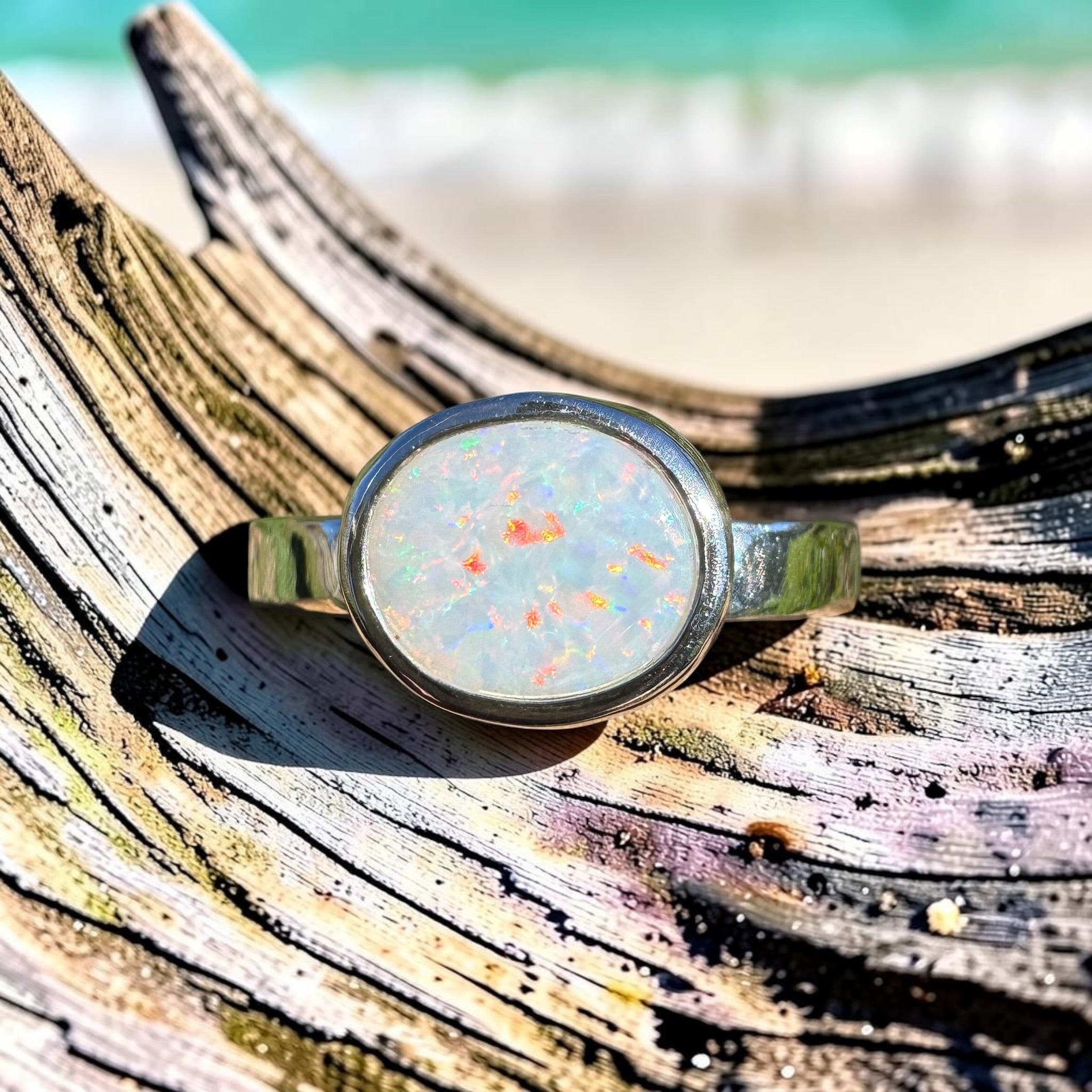 1.3ct Coober Pedy Opal Ring ~ 'Coral Coast Spectrum' | 925 Sterling Silver | Solid Australian Opal