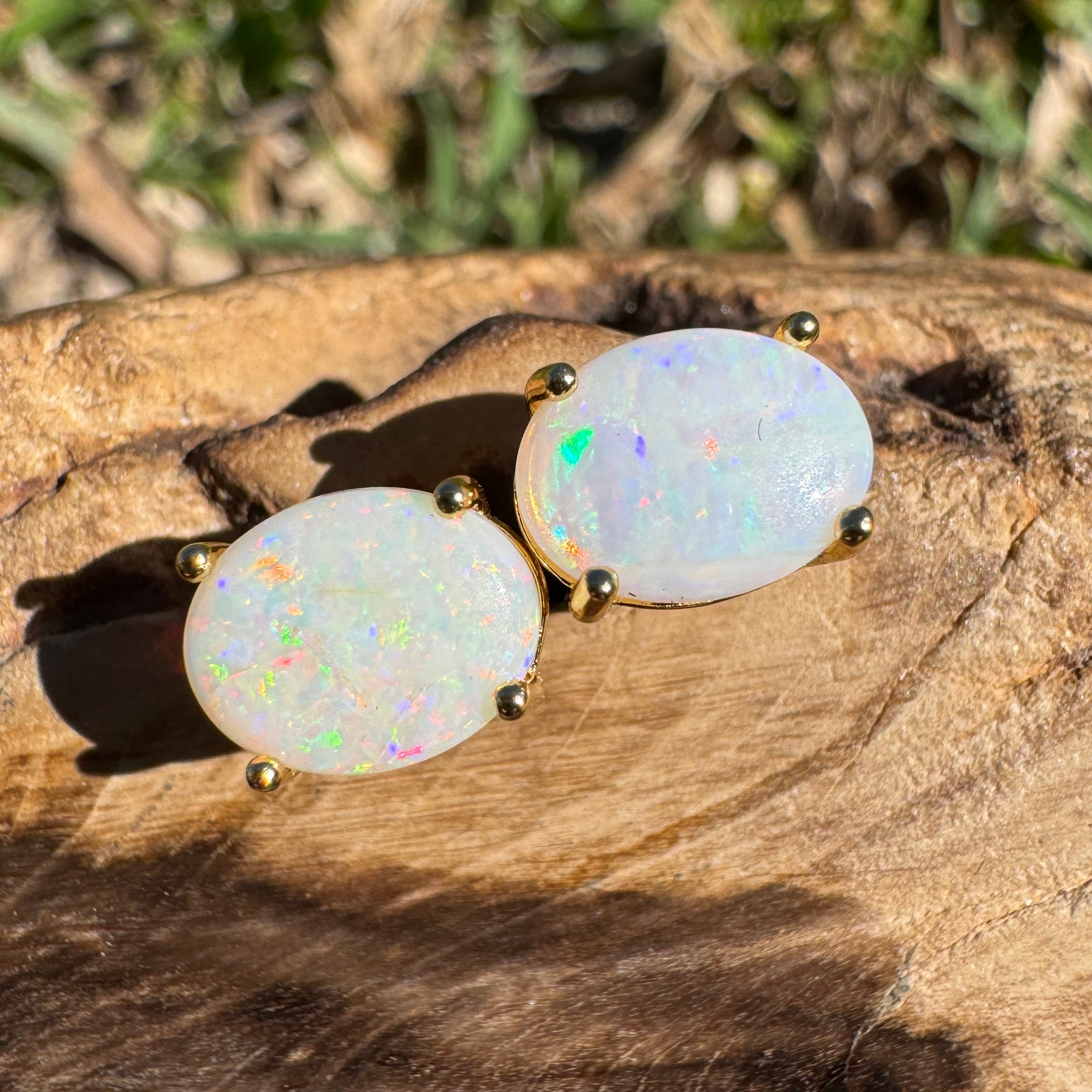 1.6ct Coober Pedy Opal Earrings ~ 'Burleigh Heads Rainbow' | Yellow Gold Coated 925 Sterling Silver | Solid Australian Opal