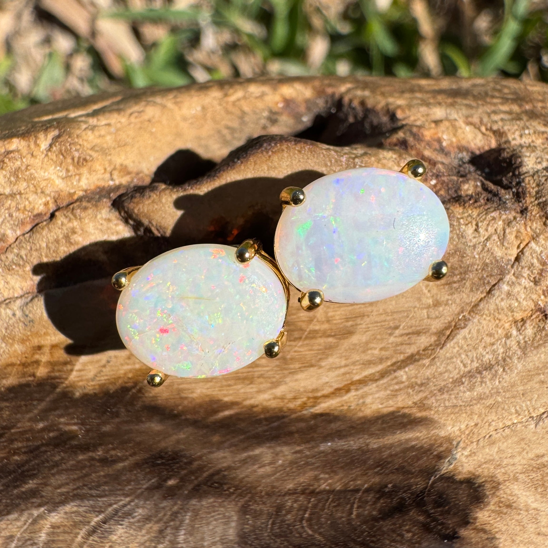 1.6ct Coober Pedy Opal Earrings ~ 'Burleigh Heads Rainbow' | Yellow Gold Coated 925 Sterling Silver | Solid Australian Opal