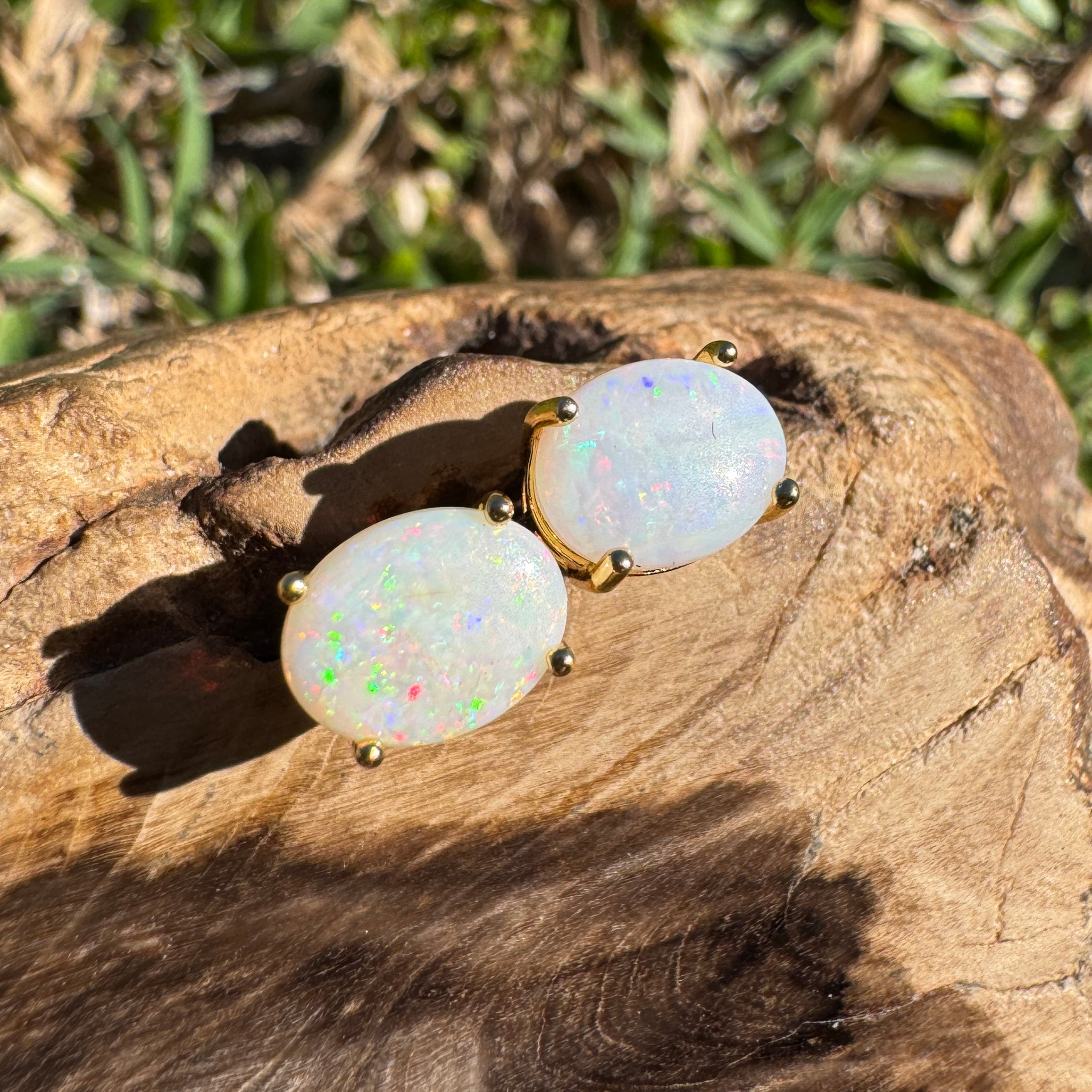 1.6ct Coober Pedy Opal Earrings ~ 'Burleigh Heads Rainbow' | Yellow Gold Coated 925 Sterling Silver | Solid Australian Opal