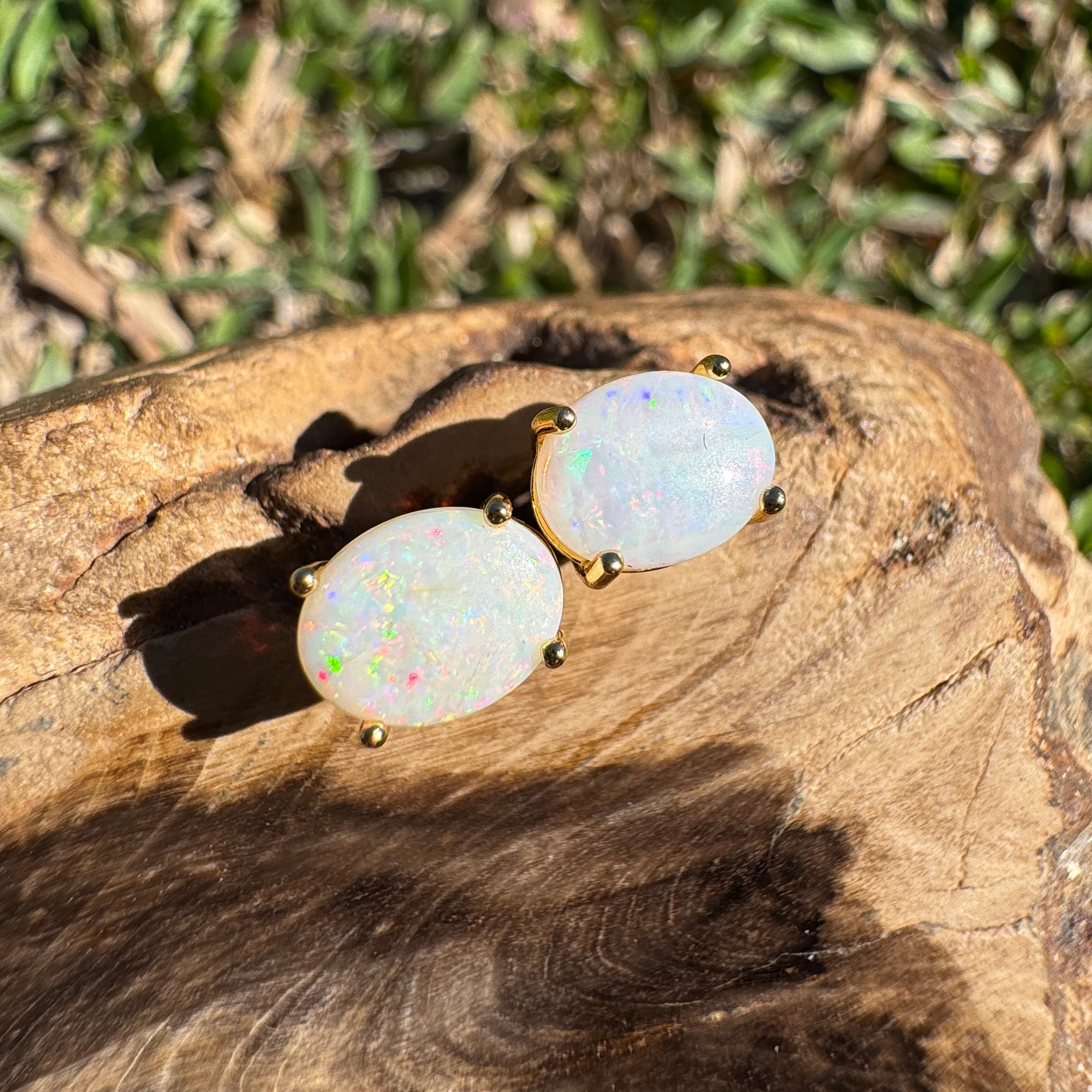 1.6ct Coober Pedy Opal Earrings ~ 'Burleigh Heads Rainbow' | Yellow Gold Coated 925 Sterling Silver | Solid Australian Opal