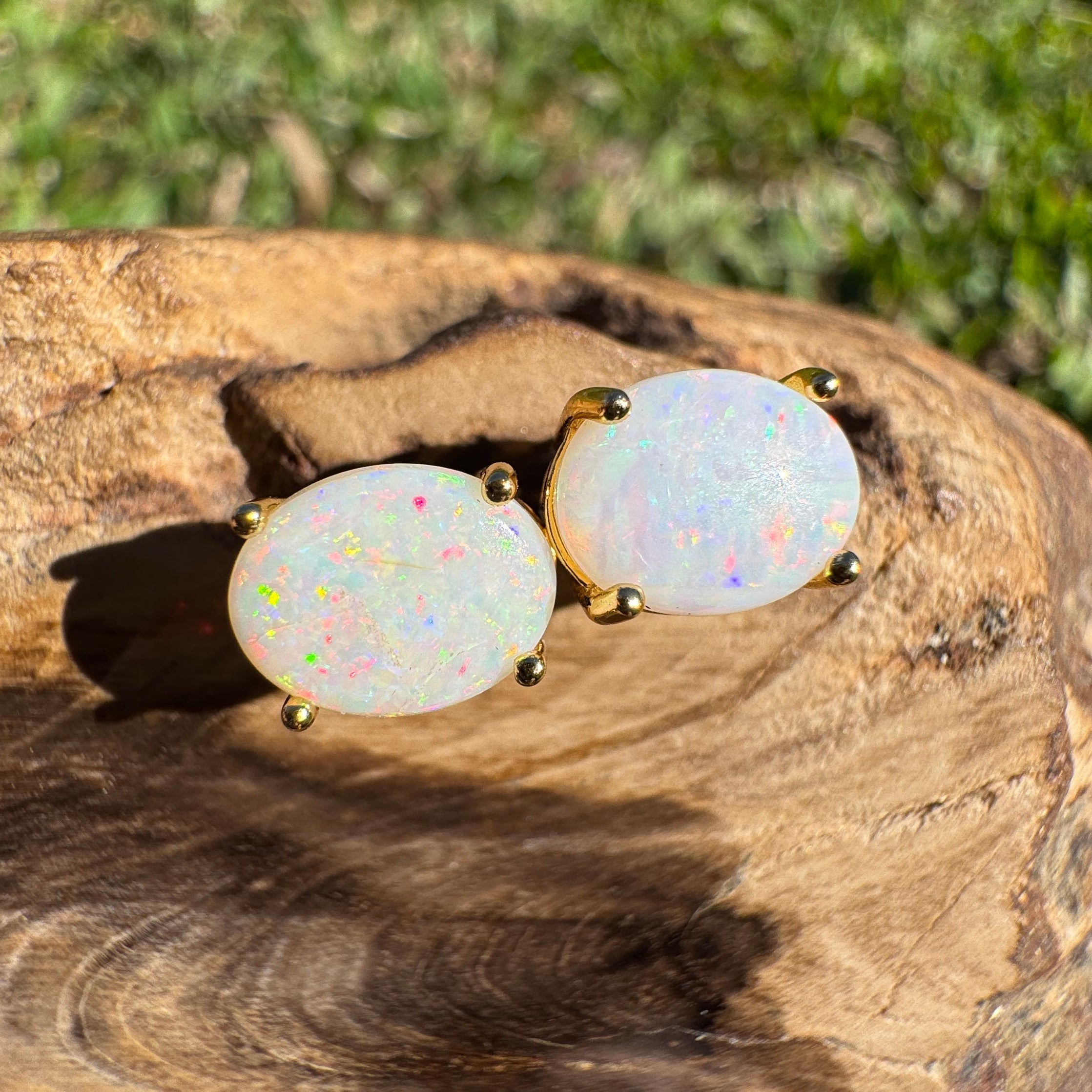 1.6ct Coober Pedy Opal Earrings ~ 'Burleigh Heads Rainbow' | Yellow Gold Coated 925 Sterling Silver | Solid Australian Opal
