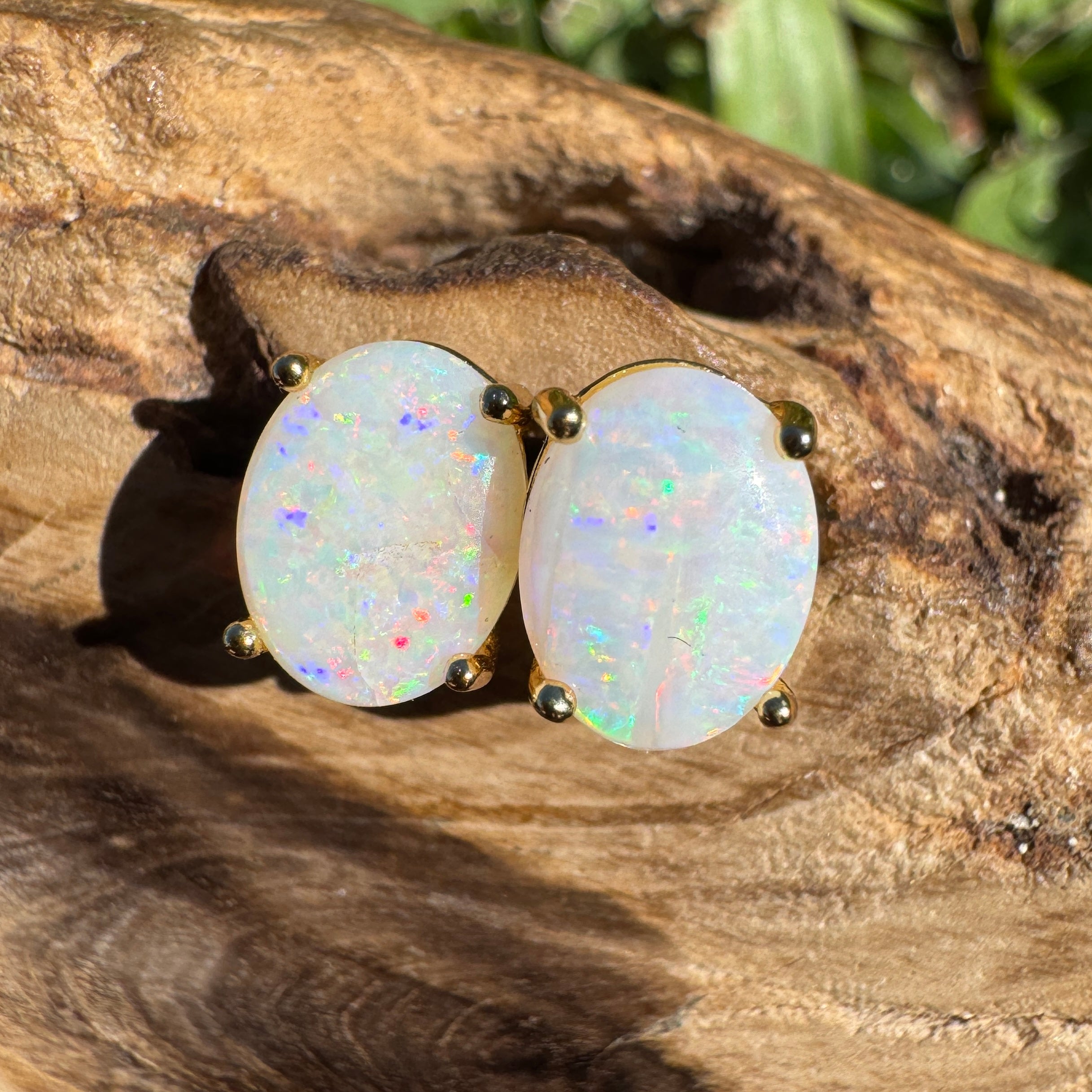 1.6ct Coober Pedy Opal Earrings ~ 'Burleigh Heads Rainbow' | Yellow Gold Coated 925 Sterling Silver | Solid Australian Opal