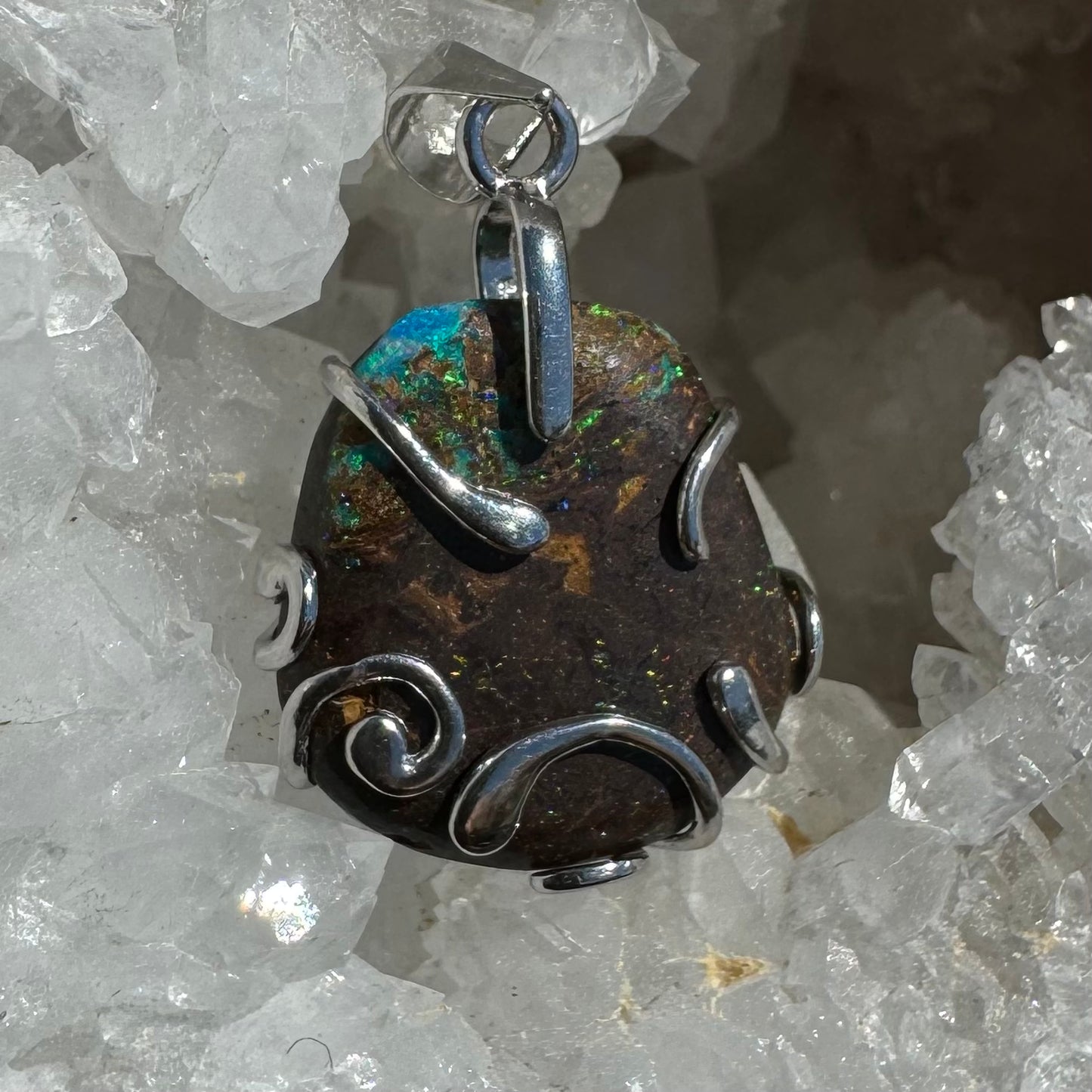 'Hidden Waterfall' ~ Handcrafted 18ct Solid Queensland Boulder Opal Sterling Silver Pendant Necklace - Iona Opal Australia