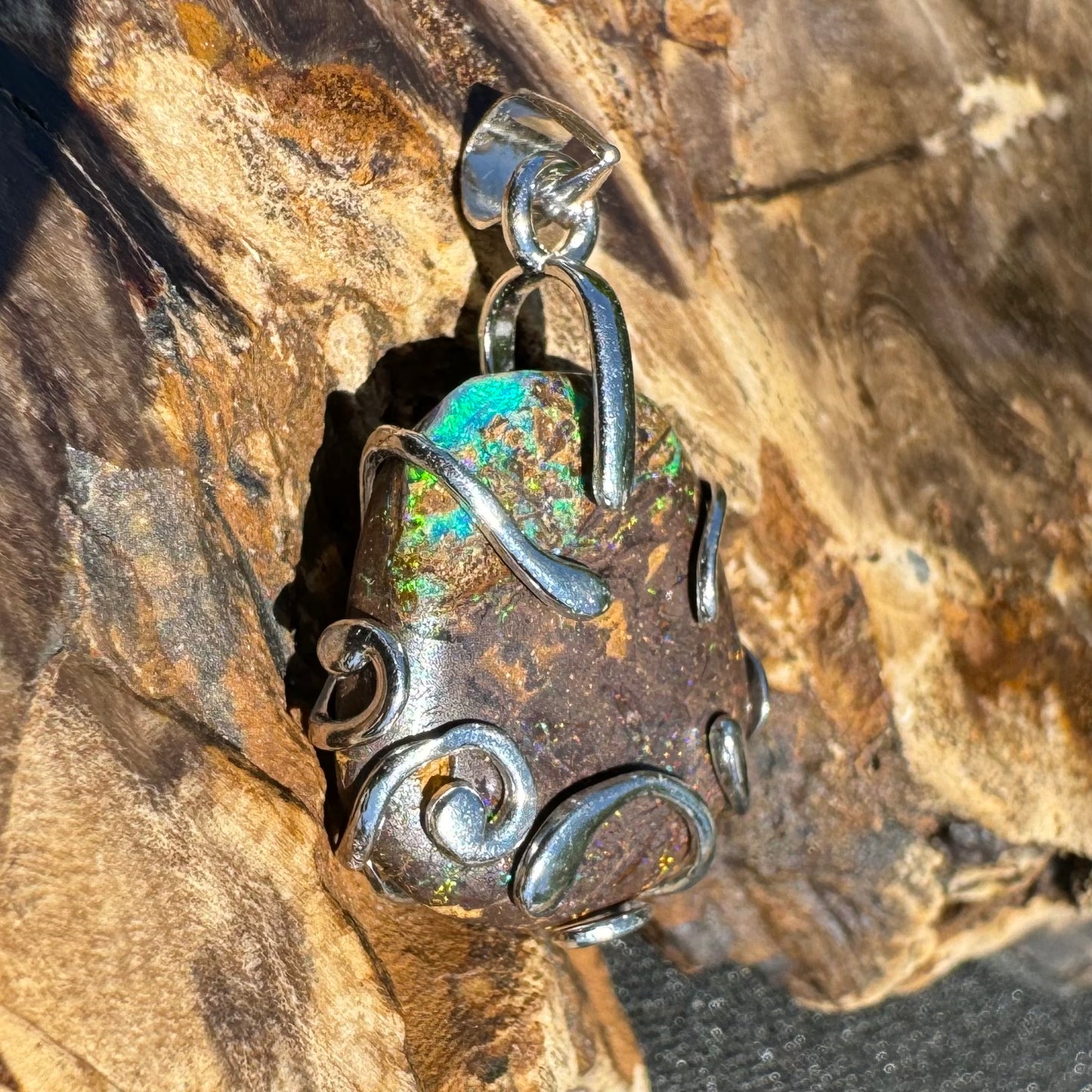 'Hidden Waterfall' ~ Handcrafted 18ct Solid Queensland Boulder Opal Sterling Silver Pendant Necklace - Iona Opal Australia