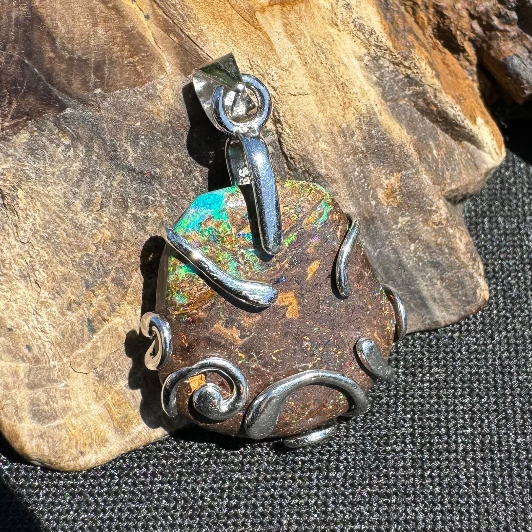 'Hidden Waterfall' ~ Handcrafted 18ct Solid Queensland Boulder Opal Sterling Silver Pendant Necklace - Iona Opal Australia