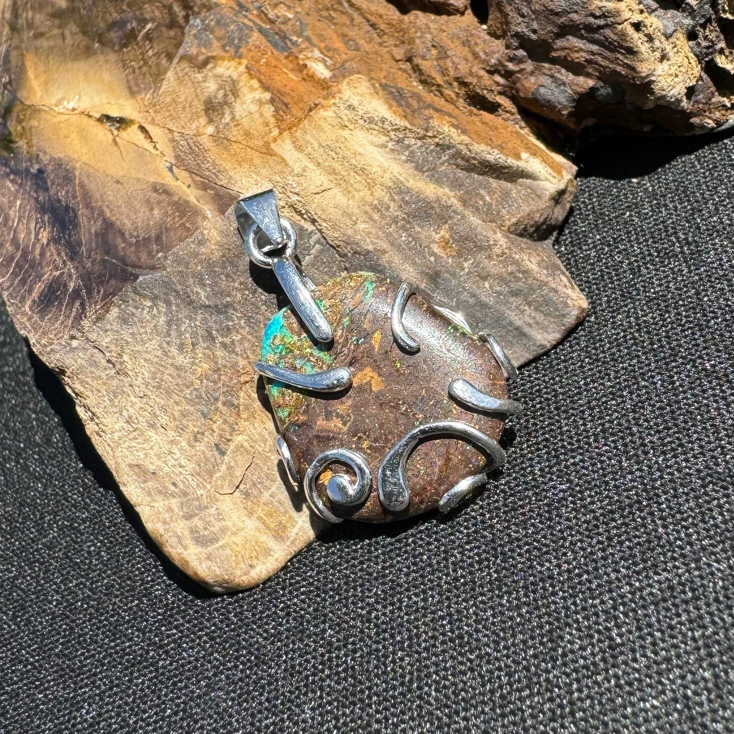 'Hidden Waterfall' ~ Handcrafted 18ct Solid Queensland Boulder Opal Sterling Silver Pendant Necklace - Iona Opal Australia