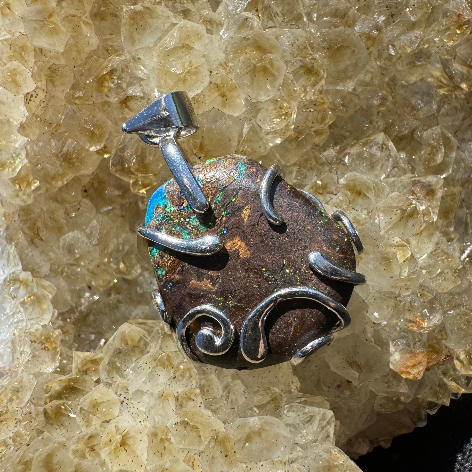 'Hidden Waterfall' ~ Handcrafted 18ct Solid Queensland Boulder Opal Sterling Silver Pendant Necklace - Iona Opal Australia