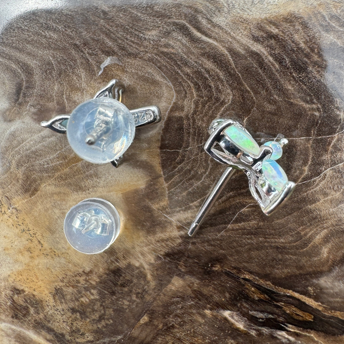 0.6ct Coober Pedy Crystal Opal Stud Earrings ~ 'Mount Kaputar Green' | 925 Sterling Silver | Solid Australian Opal