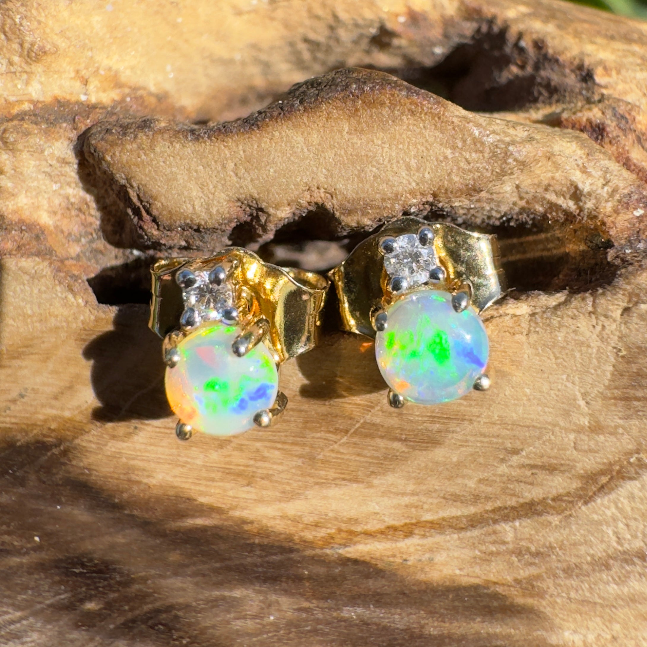 0.8ct Coober Pedy Opal Earrings ~ 'Kuranda Green' | 14ct Yellow Gold | Solid Australian Opal