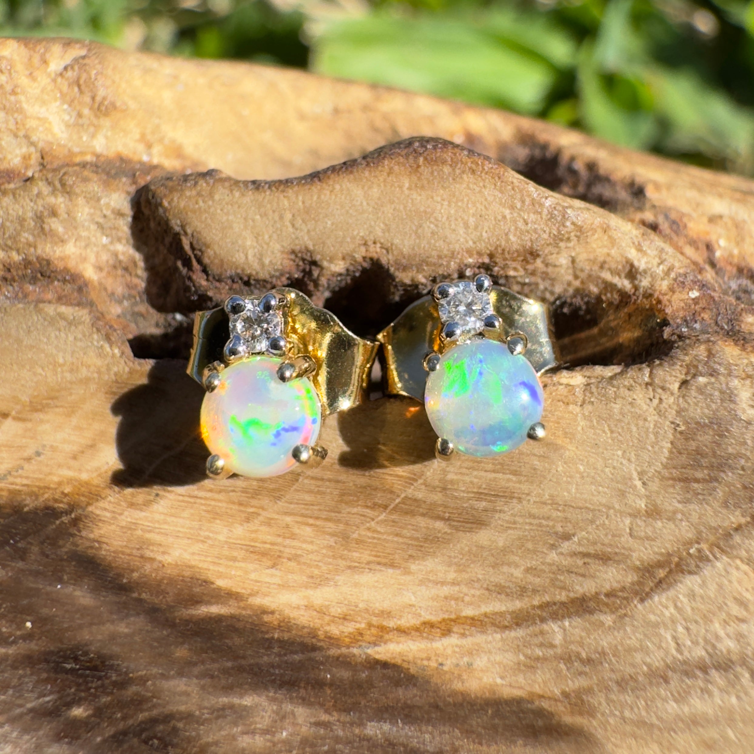0.8ct Coober Pedy Opal Earrings ~ 'Kuranda Green' | 14ct Yellow Gold | Solid Australian Opal