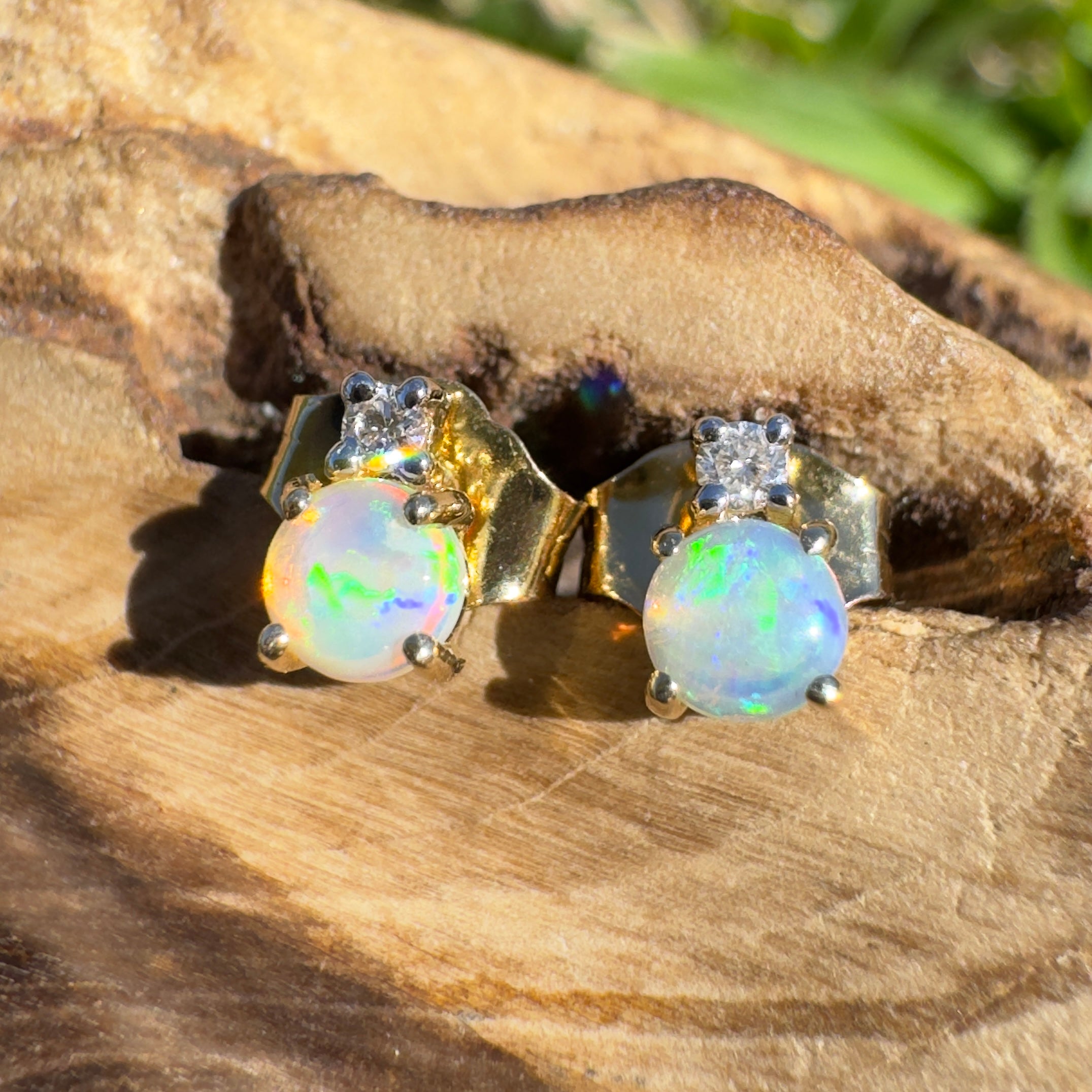 0.8ct Coober Pedy Opal Earrings ~ 'Kuranda Green' | 14ct Yellow Gold | Solid Australian Opal