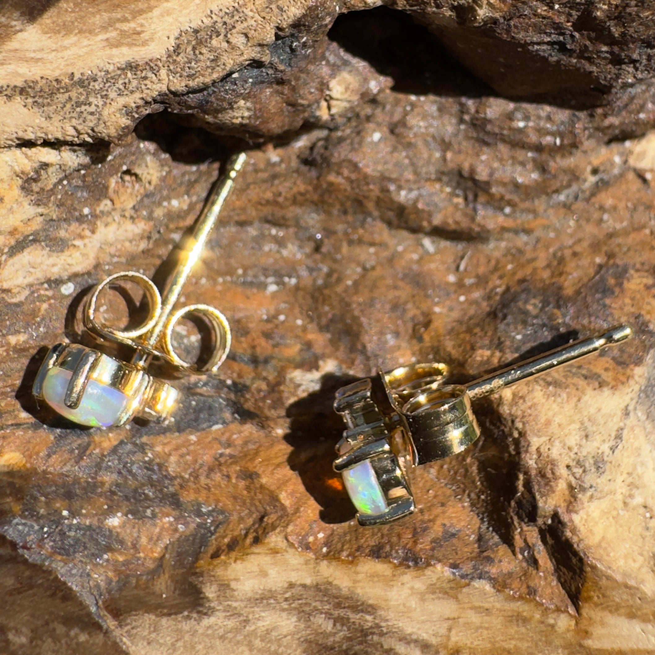 0.8ct Coober Pedy Opal Earrings ~ 'Kuranda Green' | 14ct Yellow Gold | Solid Australian Opal