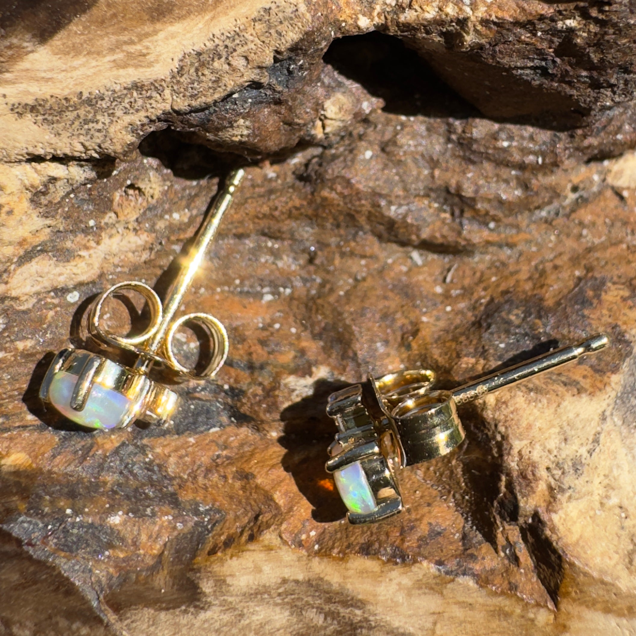 0.8ct Coober Pedy Opal Earrings ~ 'Kuranda Green' | 14ct Yellow Gold | Solid Australian Opal