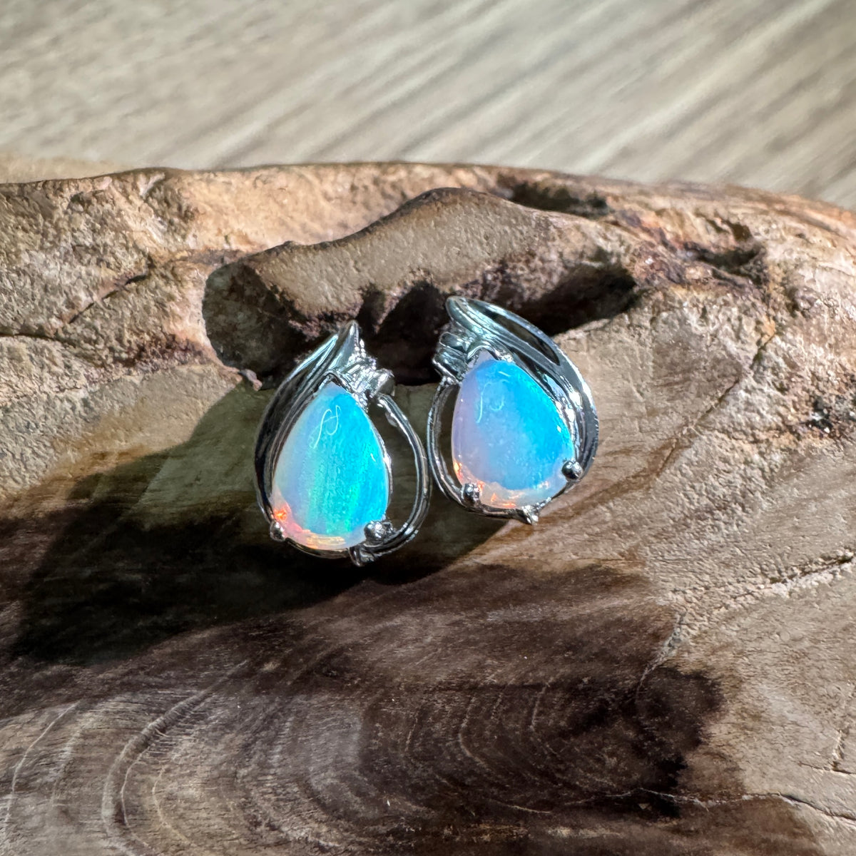 1ct Coober Pedy Crystal Opal Stud Earrings ~ 'Lake McKenzie Blue' | 925 Sterling Silver | Solid Australian Opal