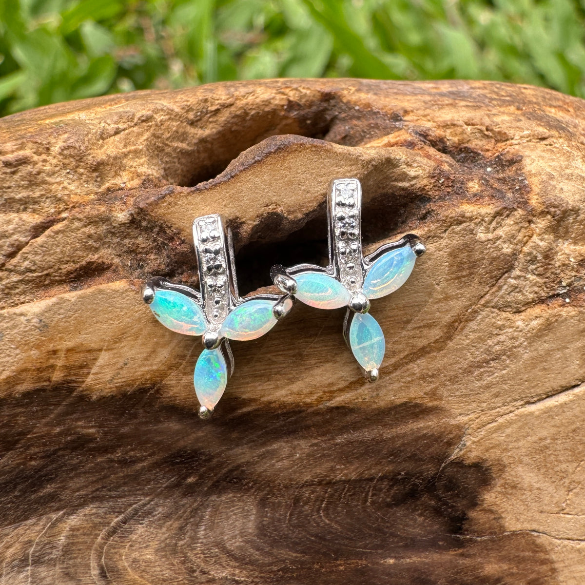 0.6ct Coober Pedy Crystal Opal Stud Earrings ~ 'Mount Kaputar Green' | 925 Sterling Silver | Solid Australian Opal