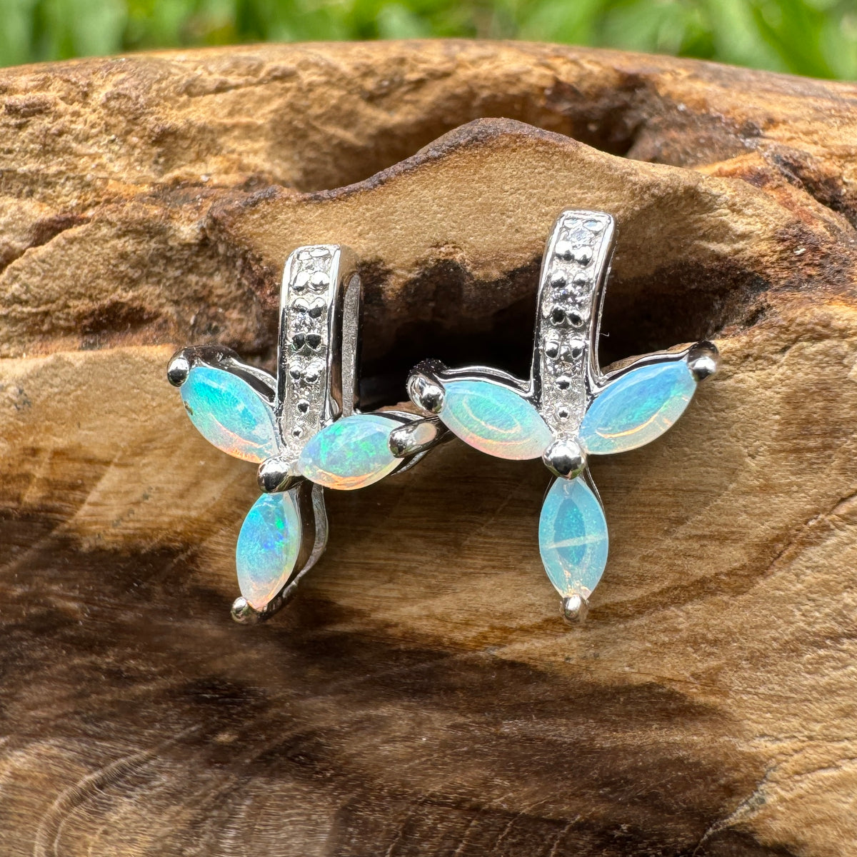 0.6ct Coober Pedy Crystal Opal Stud Earrings ~ 'Mount Kaputar Green' | 925 Sterling Silver | Solid Australian Opal