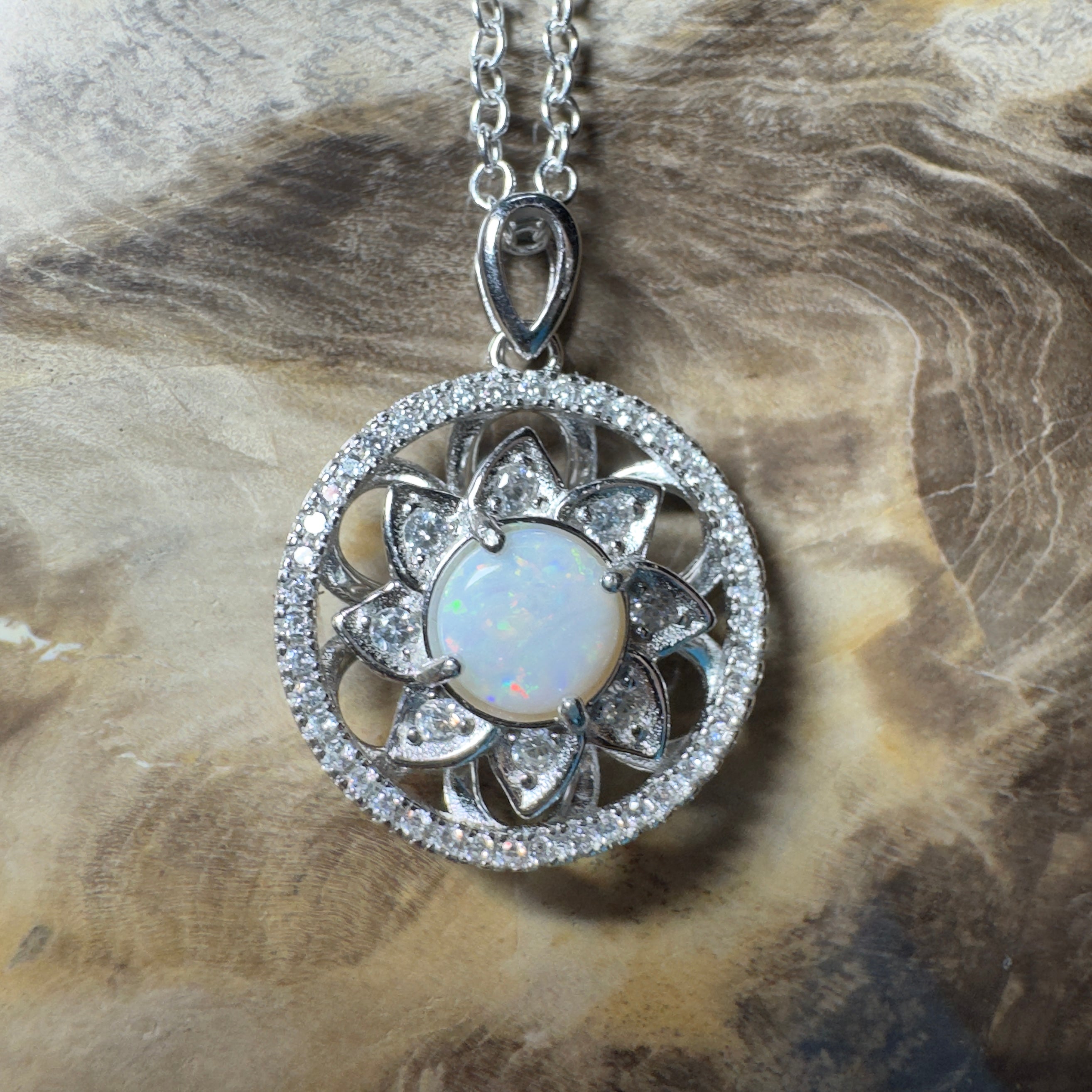 0.8ct Coober Pedy Opal Pendant Necklace ~ 'Whitsunday Reef Halo' | 925 Sterling Silver | Solid Australian Opal