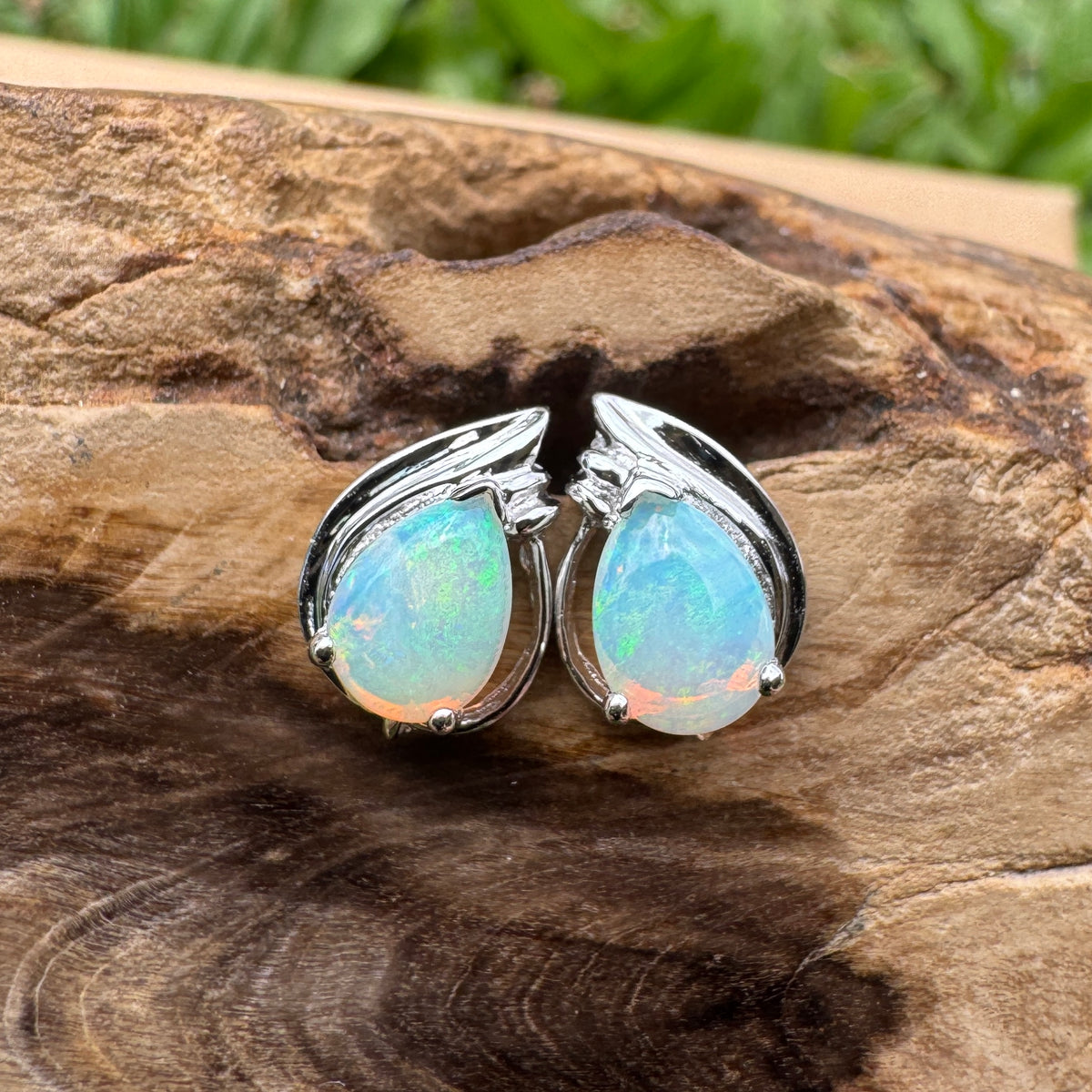 1ct Coober Pedy Crystal Opal Stud Earrings ~ 'Cathedral Gorge Green' | 925 Sterling Silver | Solid Australian Opal