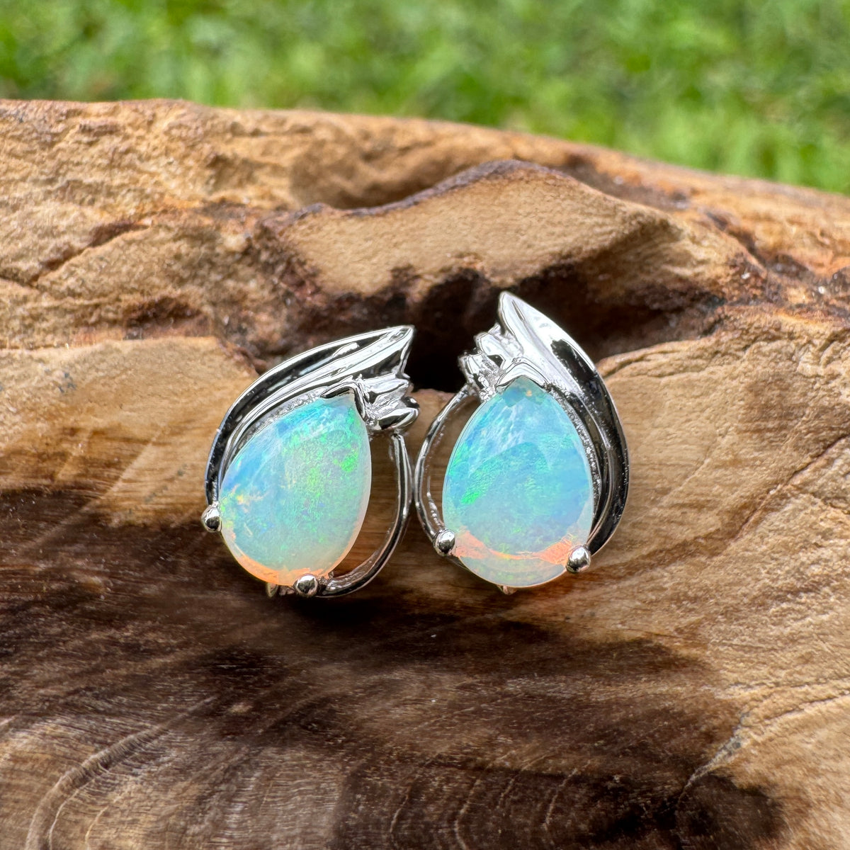 1ct Coober Pedy Crystal Opal Stud Earrings ~ 'Cathedral Gorge Green' | 925 Sterling Silver | Solid Australian Opal