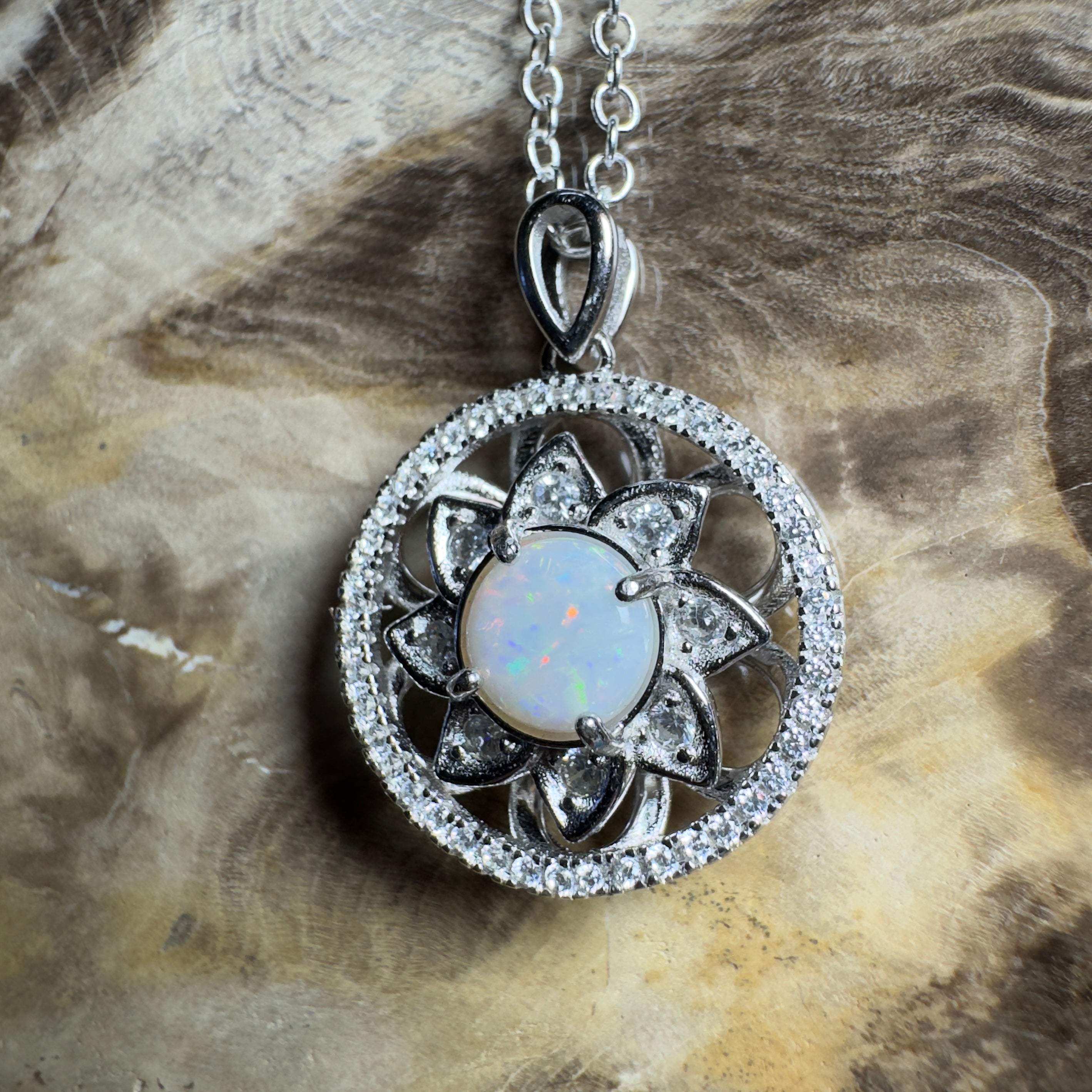 0.8ct Coober Pedy Opal Pendant Necklace ~ 'Whitsunday Reef Halo' | 925 Sterling Silver | Solid Australian Opal