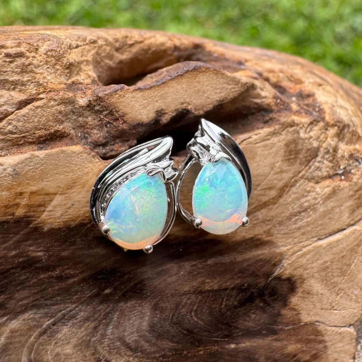 1ct Coober Pedy Crystal Opal Stud Earrings ~ 'Cathedral Gorge Green' | 925 Sterling Silver | Solid Australian Opal