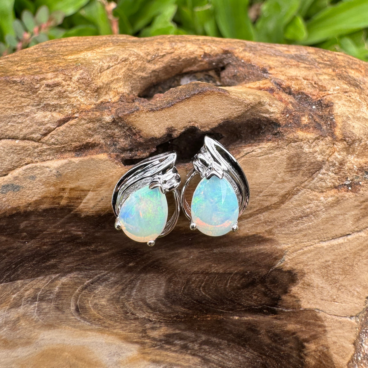1ct Coober Pedy Crystal Opal Stud Earrings ~ 'Cathedral Gorge Green' | 925 Sterling Silver | Solid Australian Opal