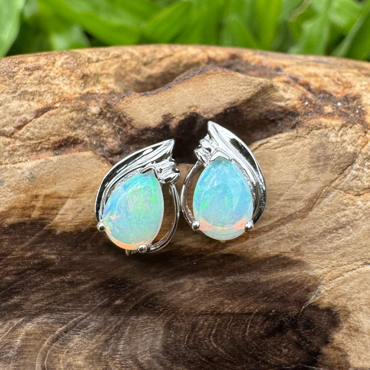 1ct Coober Pedy Crystal Opal Stud Earrings ~ 'Cathedral Gorge Green' | 925 Sterling Silver | Solid Australian Opal