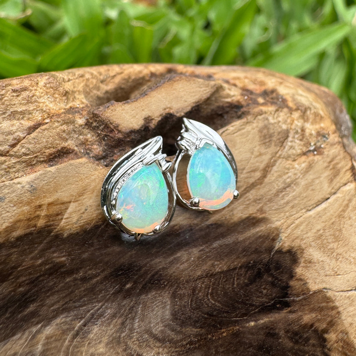 1ct Coober Pedy Crystal Opal Stud Earrings ~ 'Cathedral Gorge Green' | 925 Sterling Silver | Solid Australian Opal