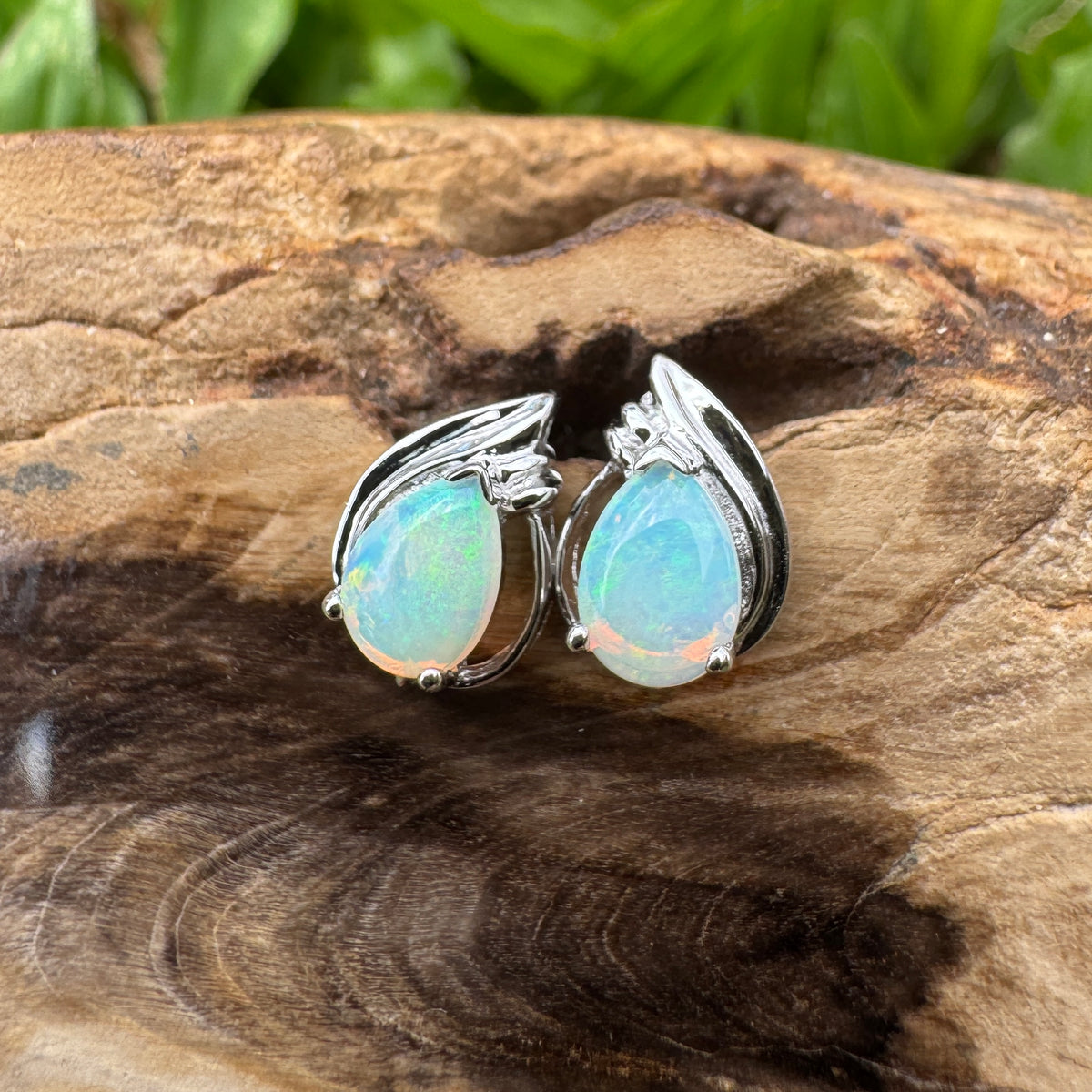 1ct Coober Pedy Crystal Opal Stud Earrings ~ 'Cathedral Gorge Green' | 925 Sterling Silver | Solid Australian Opal