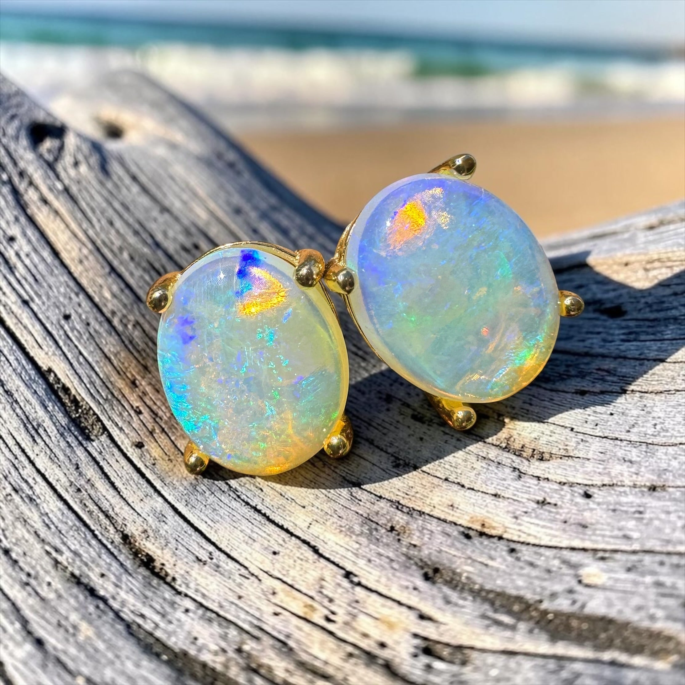 1.8ct Coober Pedy Opal Earrings ~ 'Shipsterns Bluff Blue' | Yellow Gold Coated 925 Sterling Silver | Solid Australian Opal