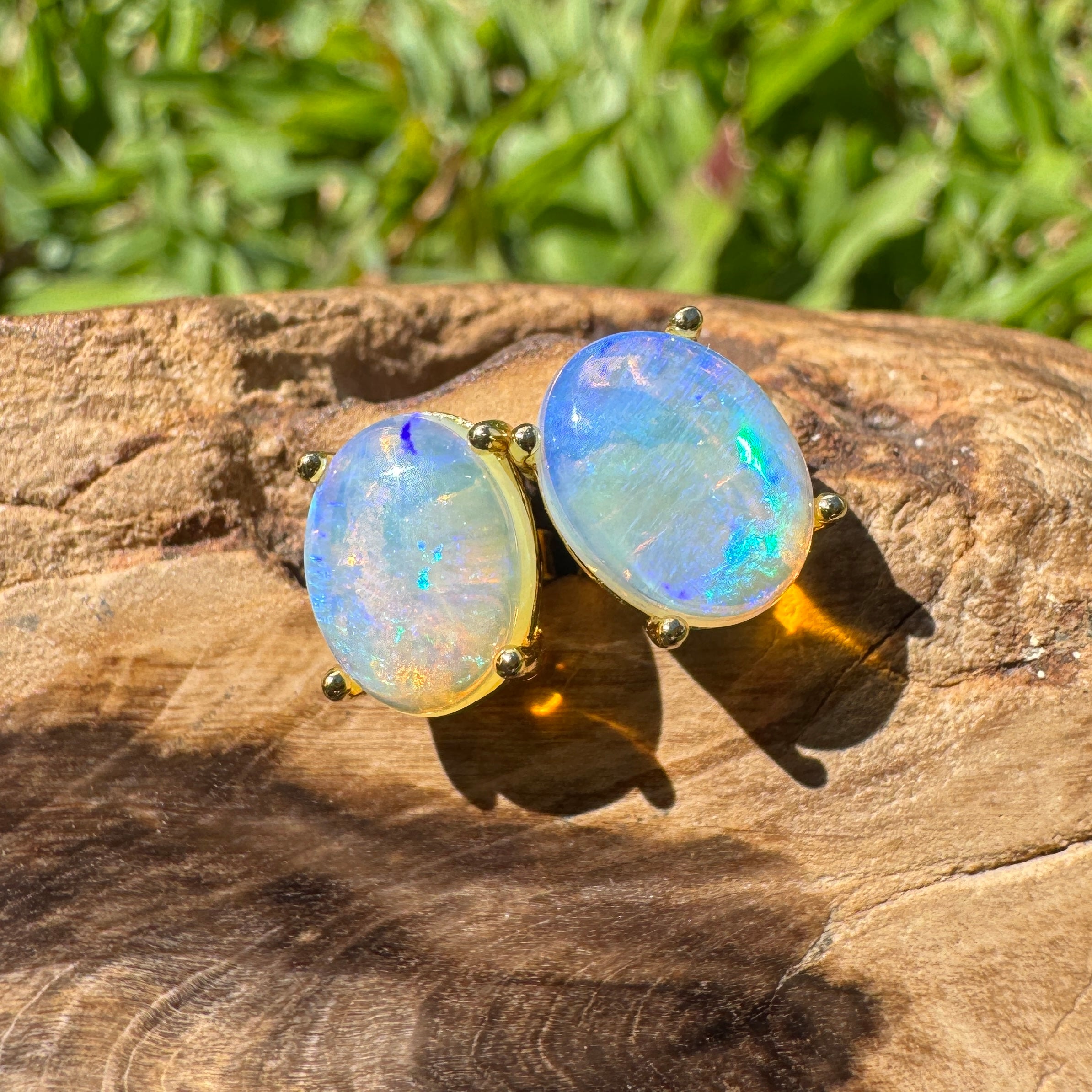 1.8ct Coober Pedy Opal Earrings ~ 'Shipsterns Bluff Blue' | Yellow Gold Coated 925 Sterling Silver | Solid Australian Opal