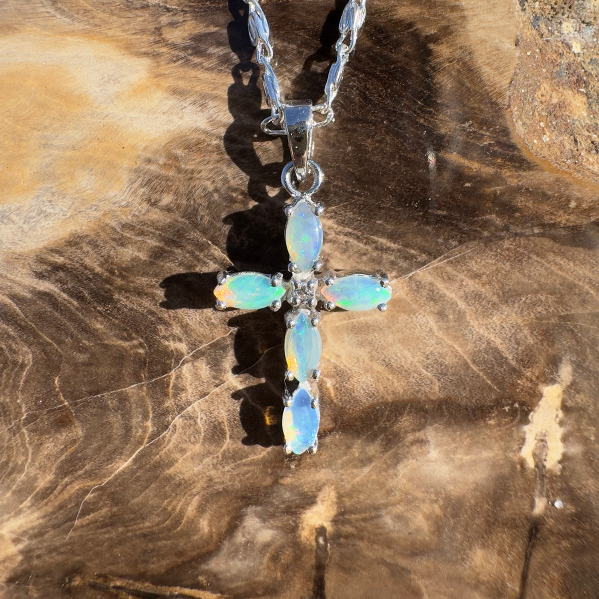 1ct Coober Pedy Opal Cross Pendant Necklace ~ 'Katherine Gorge Cross' | 925 Sterling Silver | Solid Australian Opal