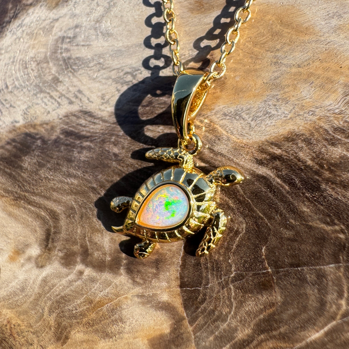 0.4ct Coober Pedy Opal Turtle Pendant Necklace ~ 'Mon Repos Shimmer' | Yellow Gold Coated 925 Sterling Silver | Solid Australian Opal