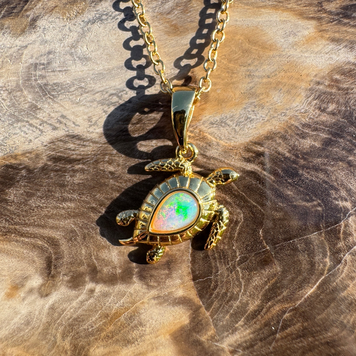 0.4ct Coober Pedy Opal Turtle Pendant Necklace ~ 'Mon Repos Shimmer' | Yellow Gold Coated 925 Sterling Silver | Solid Australian Opal