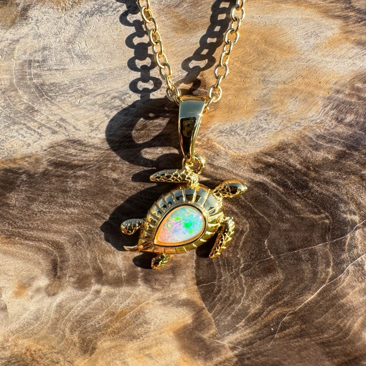 0.4ct Coober Pedy Opal Turtle Pendant Necklace ~ 'Mon Repos Shimmer' | Yellow Gold Coated 925 Sterling Silver | Solid Australian Opal